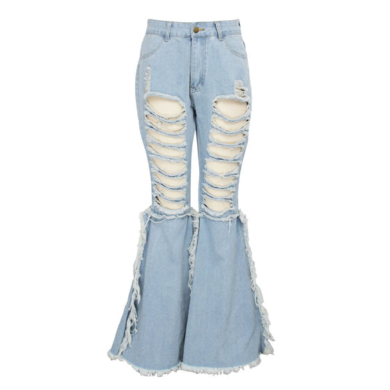 Land of Nostalgia High Waist Sexy Bell Bottom Women's Ripped Denim Flare Pants Trousers Jeans