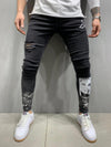 Land of Nostalgia Men's Elasticity Black Denim Skinny Jeans with Print Design