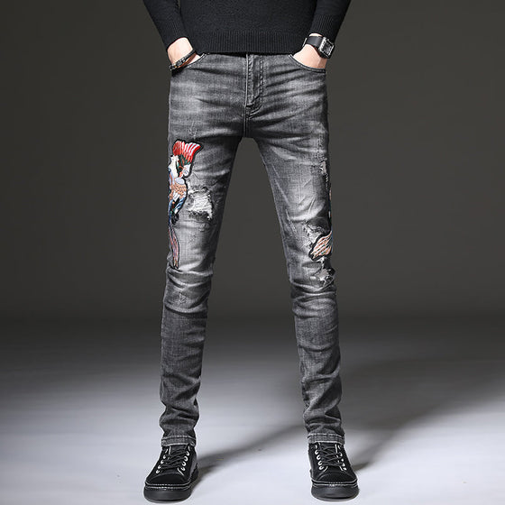 Land of Nostalgia Men's Distressed Skinny Denim Pants Hole Embroidery Trousers Jeans (Ready to Ship)