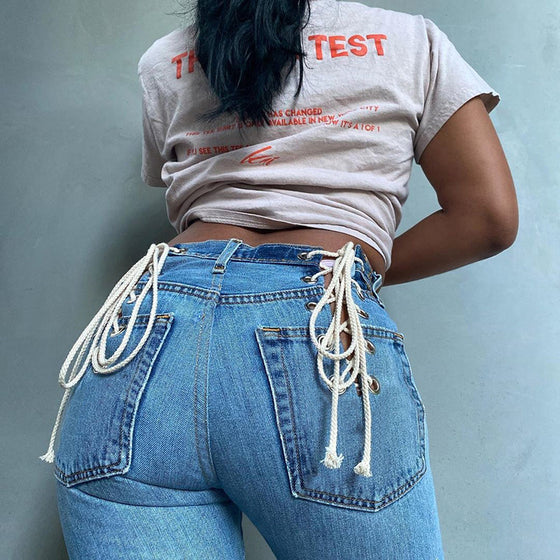 Land of Nostalgia High Waist Stretch Bandage Lace Up Trousers Pants Women's Sexy Denim Jeans