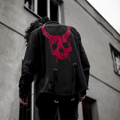 Land of Nostalgia Plus Size Men's Harajuku Demon Skull Rock Punk Denim Jacket (Ready to Ship)