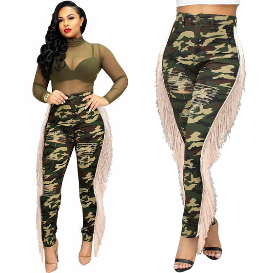 Land of Nostalgia Camouflage Women's Casual Ripped Denim Tassel Pants Jeans