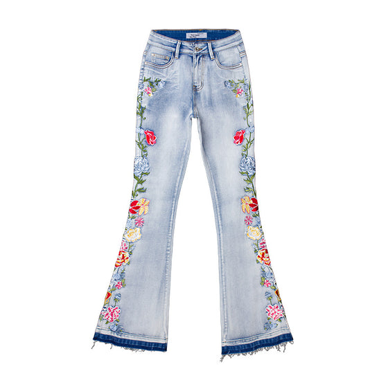 Land of Nostalgia High Elastic Flare Trouser Pants Women's Embroidery Skinny Jeans