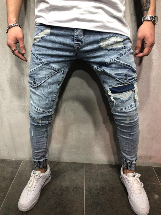 Land of Nostalgia Hip Hop Trousers Designer Ripped Hole Patch Denim Skinny Men Jeans