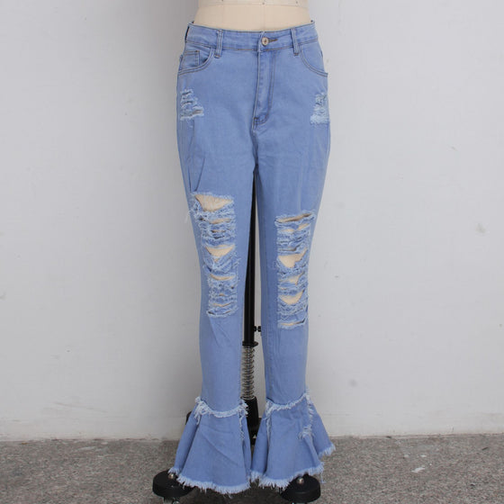 Land of Nostalgia High Waist Bell Bottom Flare Vintage Pants with Holes Patchwork Women's Jeans