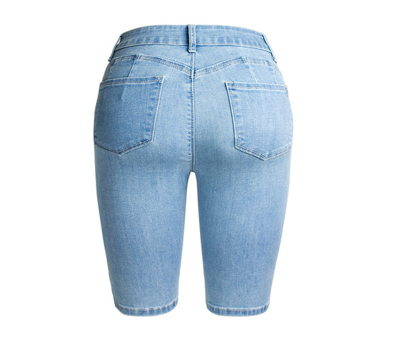 Land of Nostalgia Women's Fashion Elastic Knee Length Casual Biker Short Jeans Pants