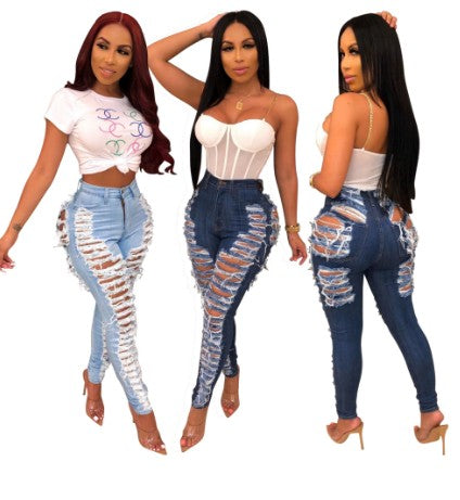 Land of Nostalgia High Waist Distressed Slim Pants Women's Skinny Ripped Jeans