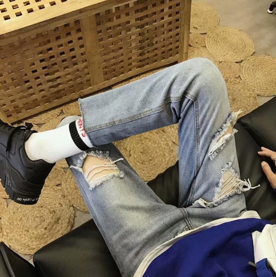 Land of Nostalgia Men's Fashion High Street Hip Hop Denim Straight Ripped Trousers Pants Jeans
