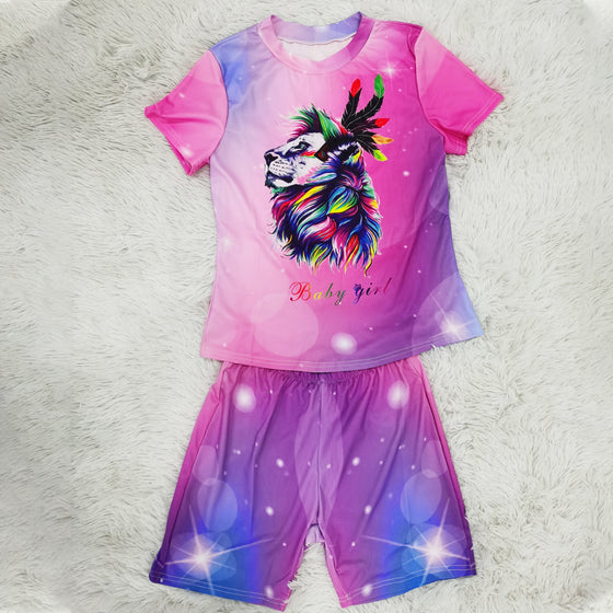 Land of Nostalgia Women's Starry Sky Lion Printing Dyeing T-Shirts and Shorts Set