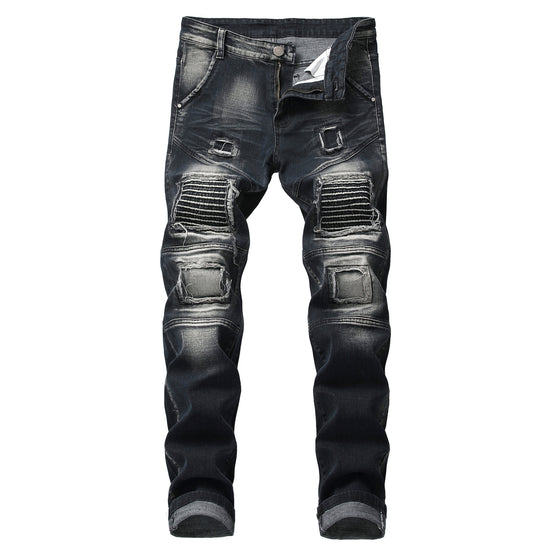 Land of Nostalgia Men's Trousers Biker Ripped Stretch Stitching Patches Denim Jeans