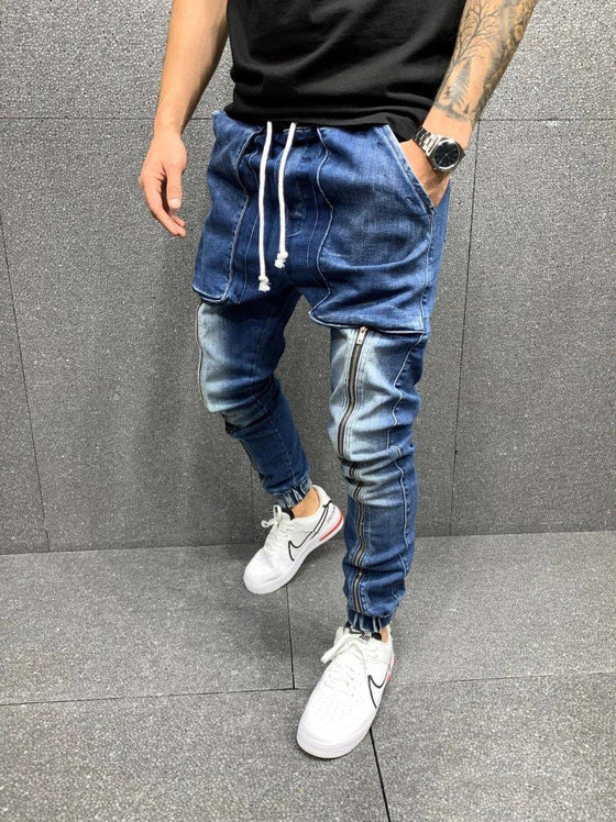 Land of Nostalgia Men's Elastic Hip Hop Denim Jogging Sweatpants with Boggy Pockets Design