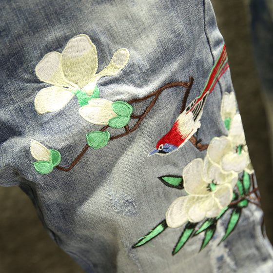 Land of Nostalgia Men's Slim Straight Skinny Jeans with Embroider Flower