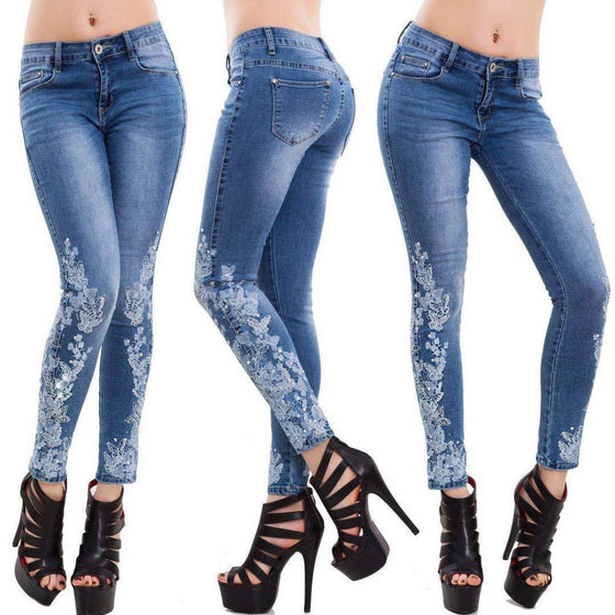 Land of Nostalgia Women's Skinny Trousers Denim Slim Fit Embroidered Jeans