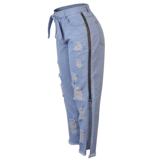 Land of Nostalgia High Waist Straight Loose Split Ripped Trousers Women's Side Zipper Trousers Jeans