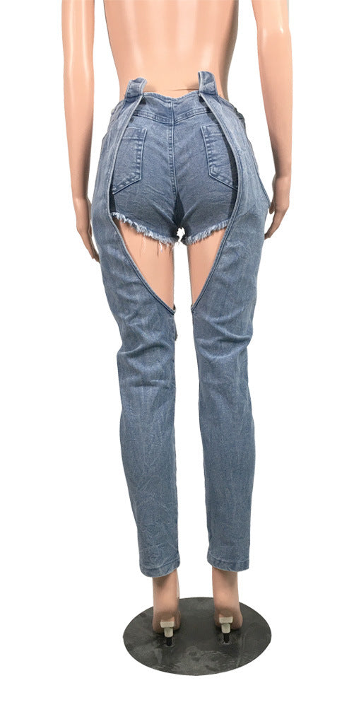 Land of Nostalgia Fashion Spliced Sexy Hip Pants Damage Women's Denim Jeans