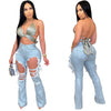 Land of Nostalgia High Waist Sexy Flare Ripped Pants Women's Distressed Hole Denim Jeans