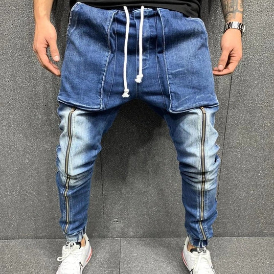 Land of Nostalgia Men's Elastic Hip Hop Denim Jogging Sweatpants with Boggy Pockets Design