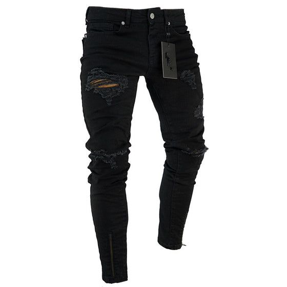 Land of Nostalgia Men's Black Trousers Skinny Ripped Jeans with Hole (Ready to Ship)