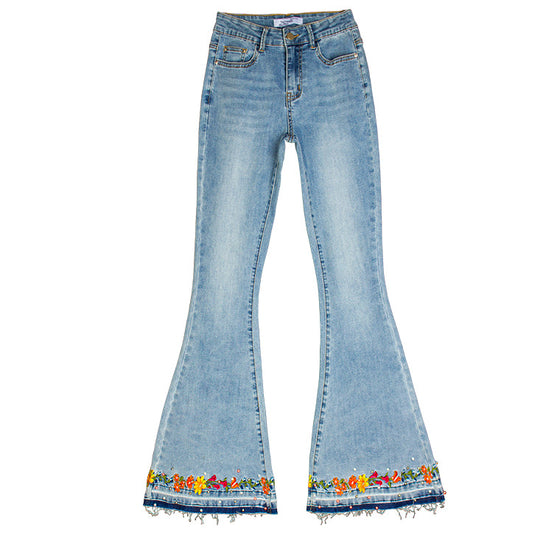 Land of Nostalgia High Waist Women's Pantalones Embroidery Trousers Denim Flare Jeans