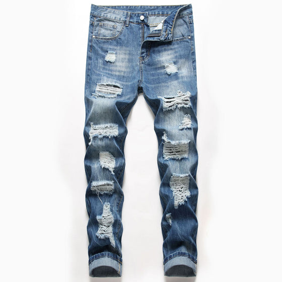 Land of Nostalgia Men's Hip Hop Destroyed Ripped Slim Denim Jeans Pants (Ready to Ship)