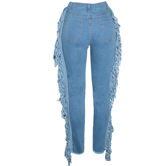 Land of Nostalgia Women's Tassel Ripped Trousers Pants Jeans