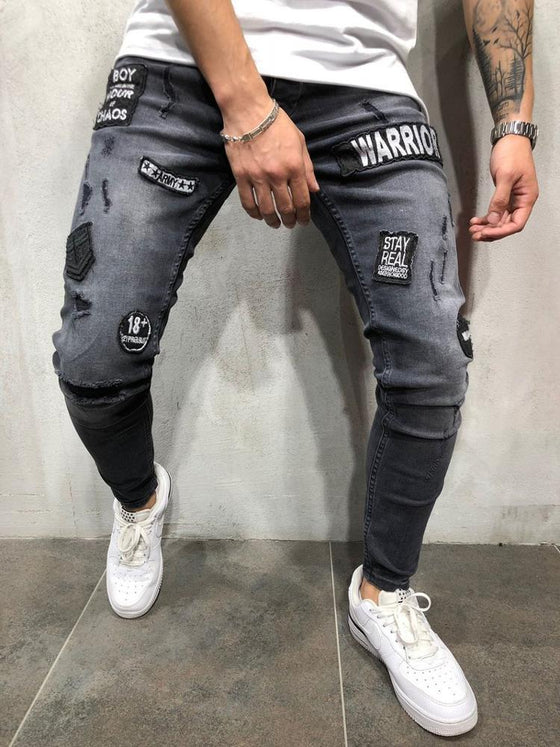 Land of Nostalgia Men's Rip Patches Jeans with Warrior Letter Design