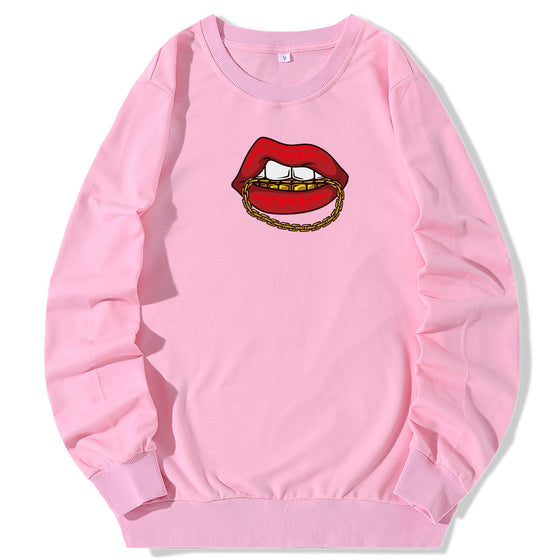 Land of Nostalgia Women's Red Lips Fleece O-Neck Pullover Sweatshirt