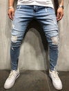 Land of Nostalgia Men’s Distressed Skinny Jeans with White Side Stripes and Zippered Ankles (Ready to Ship)