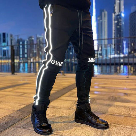 Land of Nostalgia Men's Hip Hop Trousers Sweatpants Muscle Reflective Striped Jogger Pants (Ready to Ship)
