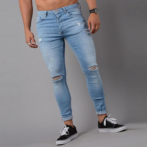 Land of Nostalgia Men's Super Skinny Ripped Pants Slim Distress Stretch Jeans with Hole