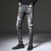 Land of Nostalgia Men's Distressed Skinny Denim Pants Hole Embroidery Trousers Jeans (Ready to Ship)