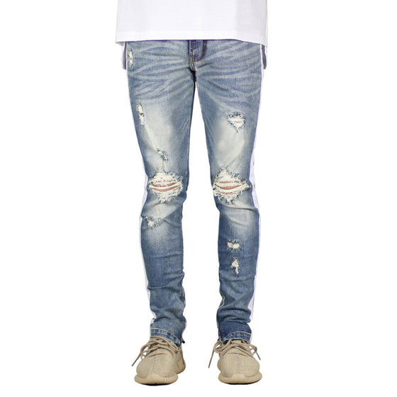 Land of Nostalgia Men's Biker Trousers Hole Cargo Skinny Jeans With Side Stripe (Ready to Ship)