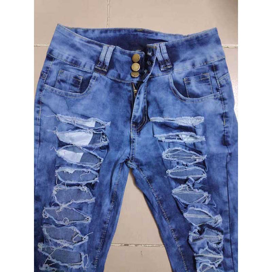 Land of Nostalgia High Waist Breasted Ripped Slim Fit Pants Women's Hole Jeans