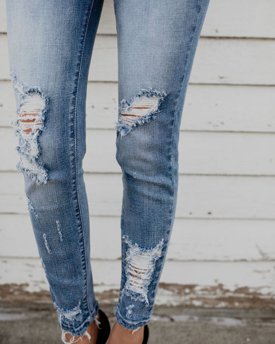 Land of Nostalgia High Waist Elastic Cotton Ripped Pants Women's Denim Jeans