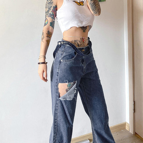 Land of Nostalgia High Waisted Loose Straight Women's Street Straps Jeans
