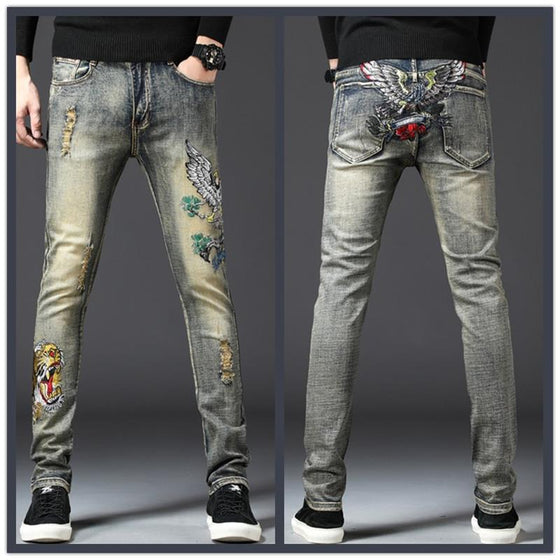 Land of Nostalgia Men's Denim Pants Skinny Jeans with Embroidery Flower Design (Ready to Ship)