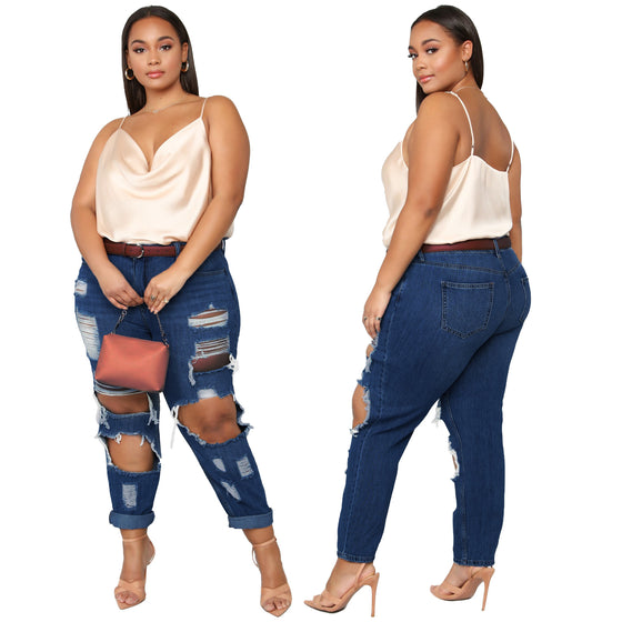 Land of Nostalgia Women's Plus Size Destroyed Ripped Stretch Denim Pants Jeans