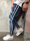 Land of Nostalgia Men’s Distressed Skinny Jeans with White Side Stripes and Zippered Ankles (Ready to Ship)