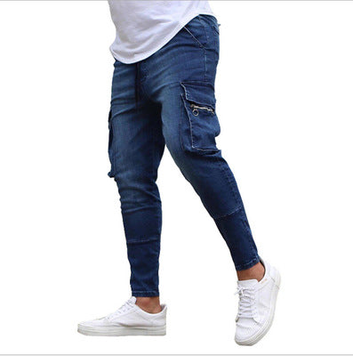 Land of Nostalgia Men's Casual Trousers Denim Cargo Pants with Side Pockets Jeans