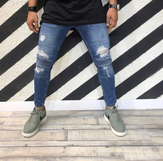 Land of Nostalgia Hip Hop Punk Homme Streetwear Men's Skinny Pleated Ripped Jeans