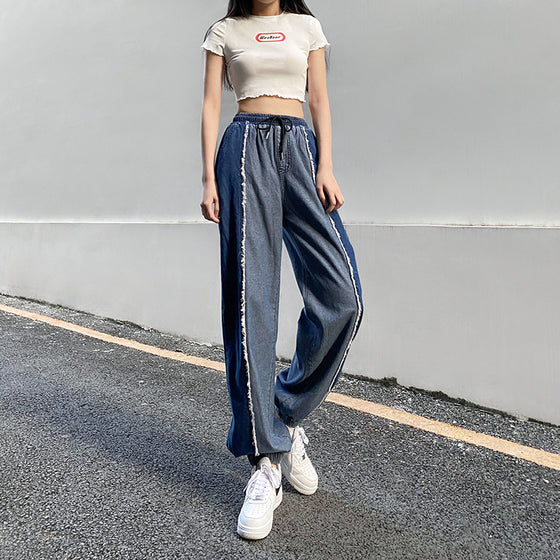 Land of Nostalgia Fashionable Streetwear Women's Color Splicing Loose Straight Wide Leg Jeans