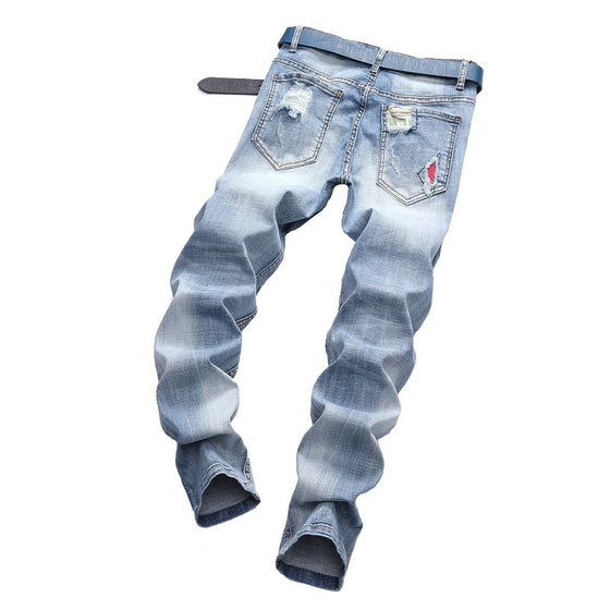 Land of Nostalgia Streetwear Men's Hip Hop Embroidery Ripped Skinny Jeans