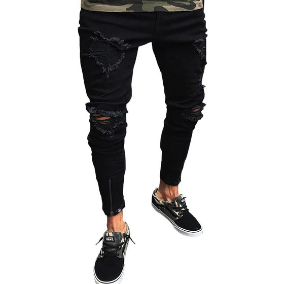 Land of Nostalgia Men's Black Trousers Skinny Ripped Jeans with Hole