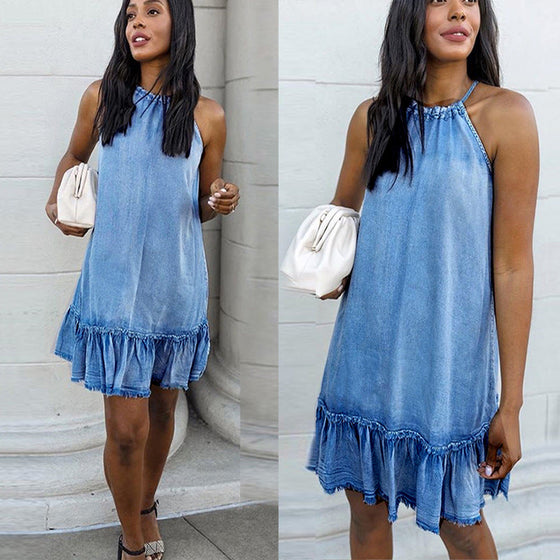 Land of Nostalgia Women's Halter Ruffles Denim Mini Dress (Ready to Ship)