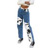 Land of Nostalgia High Waist Women's Denim Cow Patchwork Trousers Jeans