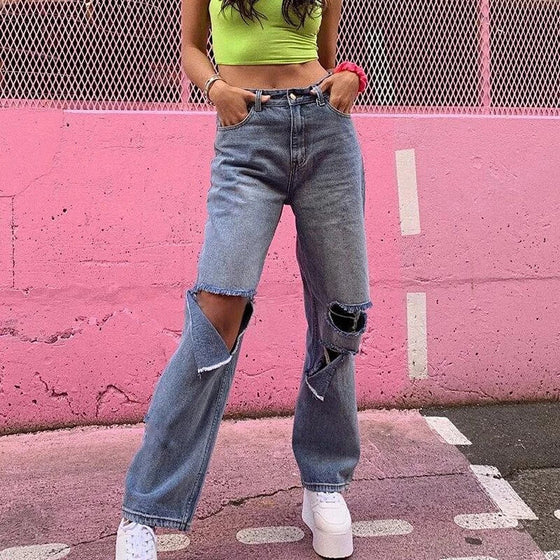 Land of Nostalgia High Waist Straight Wide Leg Hip Hop Trousers Women's Ripped Casual Sexy Denim Jeans