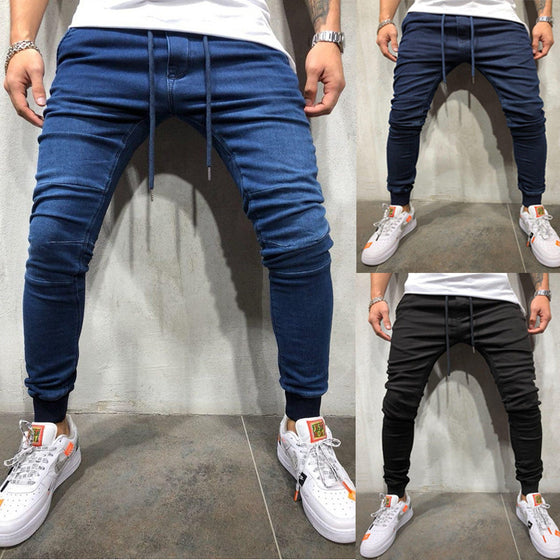 Land of Nostalgia Men's Fashion High Quality Jeans High Street Casual Stretch Drawstring Denim Pants