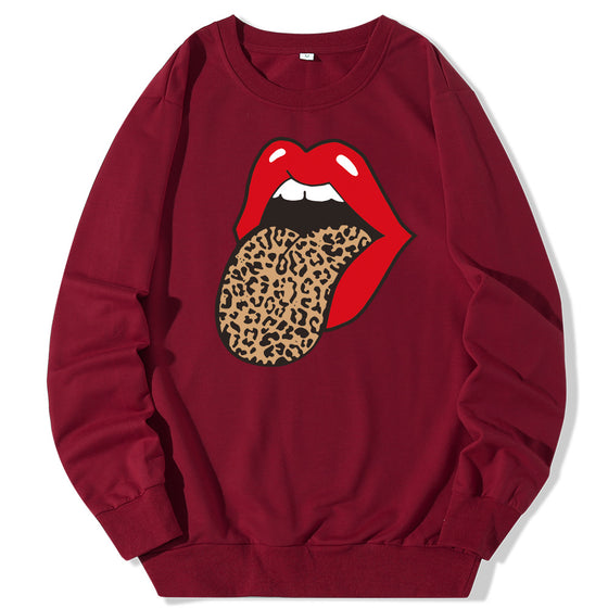 Land of Nostalgia Streetwear O-Neck Red Big Mouth Printed Women's Pullover Sweatshirt