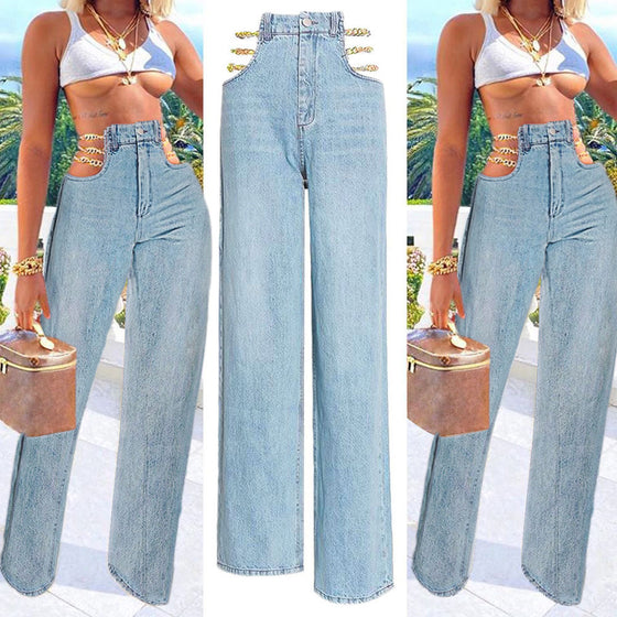 Land of Nostalgia Women's Straight Sexy Hollow Out Trousers Waist Chain Denim Pants Jeans