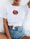 Land of Nostalgia Women's Casual Cotton Tops with Lips Chain Printing Design Tees